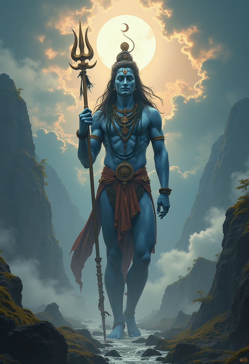 Medium mascular Lord shiva full screen 4k . Take inspiration from Hindi god shiva. Smiling face with his trishul and nandi sitting beside his legs . And a young adult male devotee praying him from side