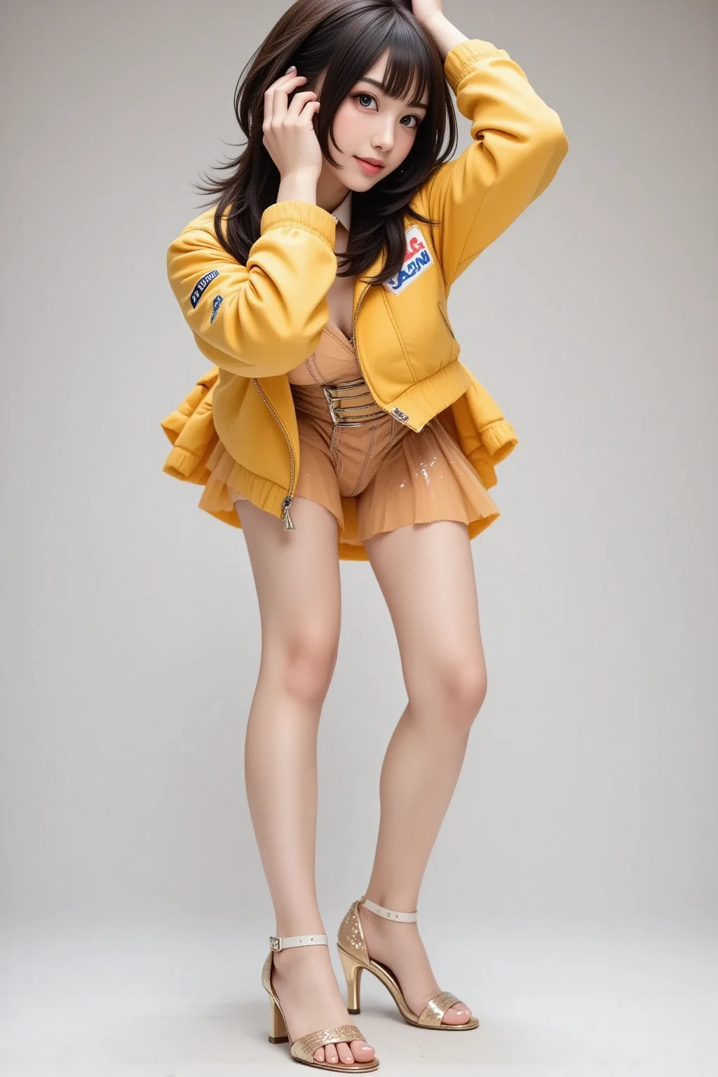 1girl,solo,medium breasts,outdoors,<lora:GoodHands-beta2:1>,standing,ruanyi0265,elesa \(pokemon\),red background,(full body:1.3),yellow jacket,<lora:0265 pokemon elesa fan costume_v1-000002:0.9>,, (masterpiece, best quality, hires, high resolution:1.2), (extremely detailed, realistic, intricate details, highres), 3d, cg, bbw, shiny skin, , blush,, eyeliner, eyeshadow, eyelashes,, (gigantic breasts, saggy breasts:1.1), (cinematic lighting, sunlight, volumetric), looking at viewer, , vintage fantasy, 1960s \(style\), film grain,