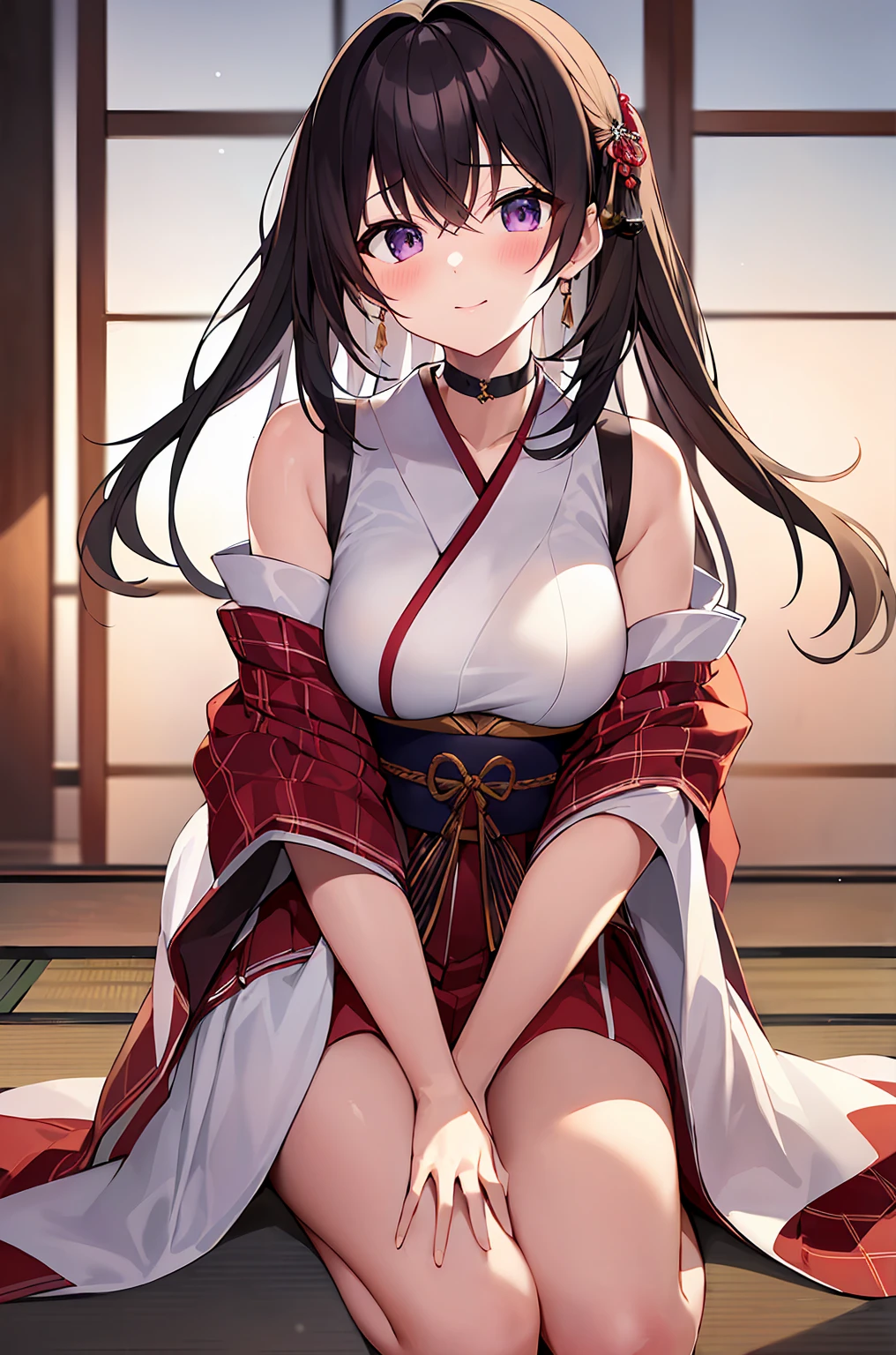 score_9, score_8_up, score_7_up, source_anime, game cg, harunakainiKC, long hair, skirt, hair ornament,thighhighs, hairband, detached sleeves, japanese clothes, hairclip, red skirt, headgear, ribbon trim, nontraditional miko, ribbon-trimmed,smile,parted lips, HOTEL ON the bed