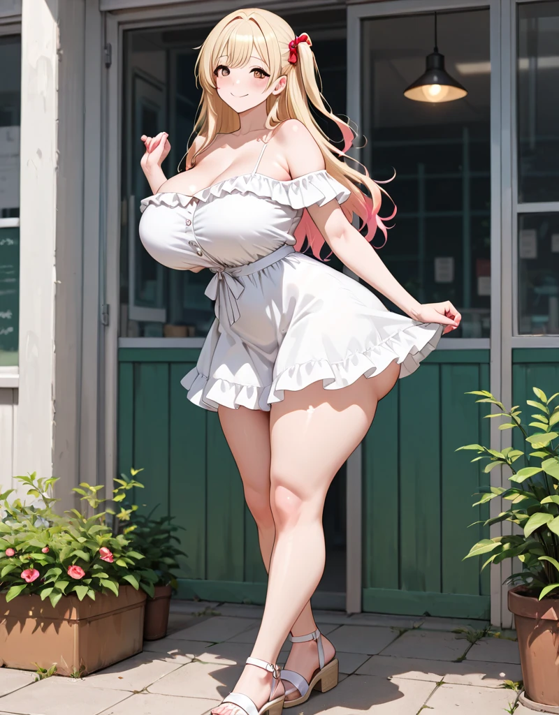 1women, solo, (()), ((huge titsvagina, s, slim outdoor, night city, ((busty)), blonde hair,n eyes, ponytail hair, smile, open mouth, full body, standing, open legs,