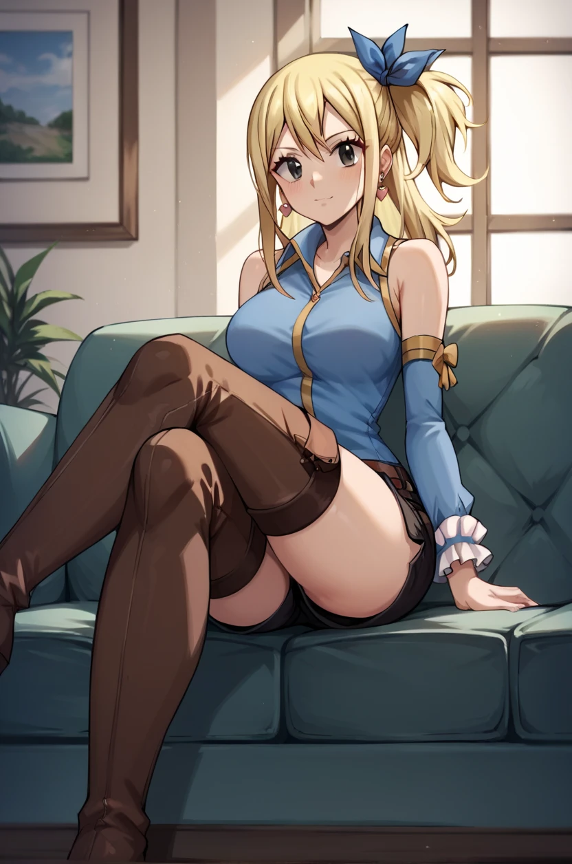 masterpiece, best quality, highres, lucy heartfilia, blonde hair, long hair, hair ribbon, large breasts, , indoors, reaching out, sitting, smile, blush, sofa, spread legs, pov, from below