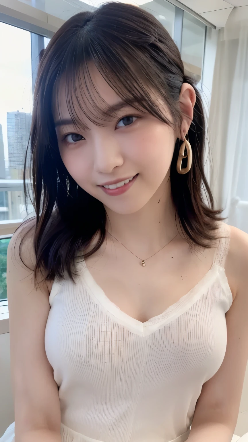  1 Japanese beauty , depth off field, first-person view, f/1.8, 135mm, Nikon, ultra high definition, retina, masterpiece, accurate, anatomically correct, textured skin,Very white skin、 clear skin 、 Super Detail, high detail, high quality, Best Quality, high definition, 1080P, high definition, 8k, (big boob:1.4),Japanese beauty 1 person,((((A glamorous woman with striking dark eyeshadow in rich plum shades, high-contrast studio lighting creating a moody effect))))、 (she has heterochromia, and her eyes are different colors, which makes her incredibly captivating)、(Drunken Blush Makeup)、round face、She is smiling very happily、she is smiling with squinty eyes、INSANELY BEST SMILE、she is smiling with her mouth open、Her front teeth are neatly arranged、(she has cute little vampire fangs)、(Braided Top Knot,twisted side part ponytail、Braided Headband,half up、Braided Space Bang,voluminous fishtail braid,Twisty Bang)、(She is wearing a Collared blouse with v-neck(white:1.5))、break、(She's wearing a see-through panties)、She is in an IT firm's office at sunset、break,She is sitting in a window seat、I can see a skyscraper city out the window