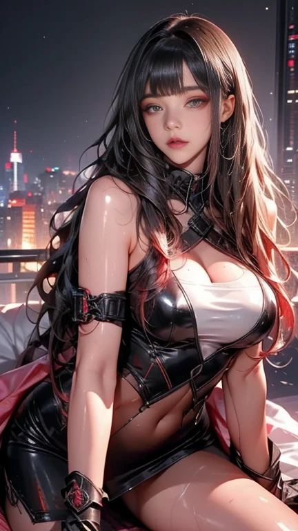 1girl, solo, long hair, breasts, looking at viewer, large breasts, black hair, hair ornament, cleavage, bare shoulders, yellow eyes, upper body, parted lips, makeup, eyes visible through hair, lipstick, red lips, electricity