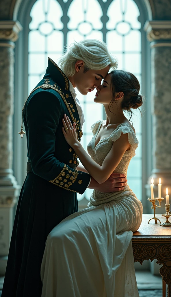 Girl who have blue hair, black eyes, Wearing clothes from the Victorian era, European style from the 1800s. Kissing with boy who have blonde hair, Blue eyes, Wearing a suit and very handsome. The backdrop in the Victorian era is in the corridors of the mansion. They have faces like beautiful and handsome Asian people.