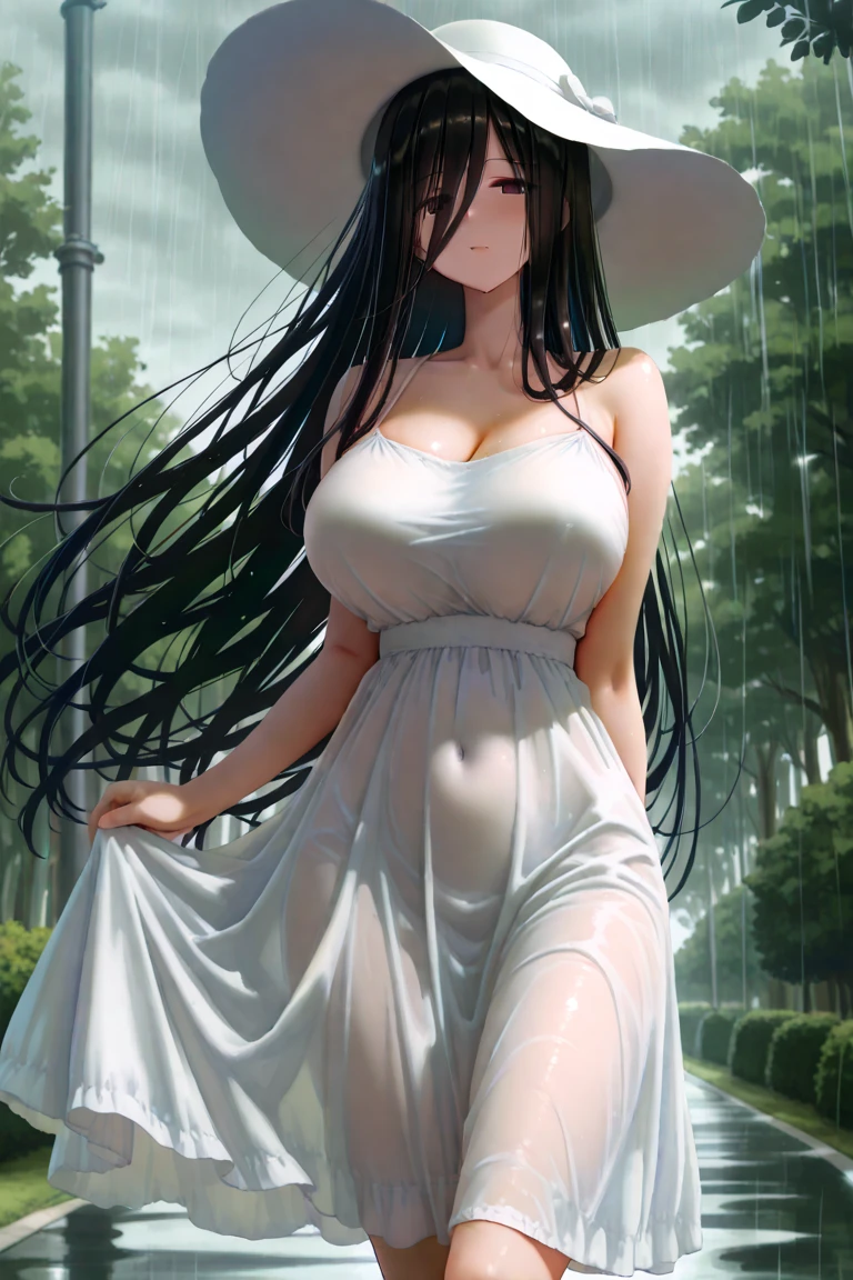 ((Best Quality, 8k, Masterpiece:1.3)), Focus:1.2, Perfect Body Beauty:1.4, Buttocks:1.2, ((Layered Haircut, Breasts:1.2)), (Wet Clothes:1.1) , (Rain, Street:1.3), Bandeau Dress: 1.1, Highly Detailed Face and Skin Texture, Fine Eyes, Double Eyelids, Whitened Skin, Long Hair, (Shut Up: 1.3)
