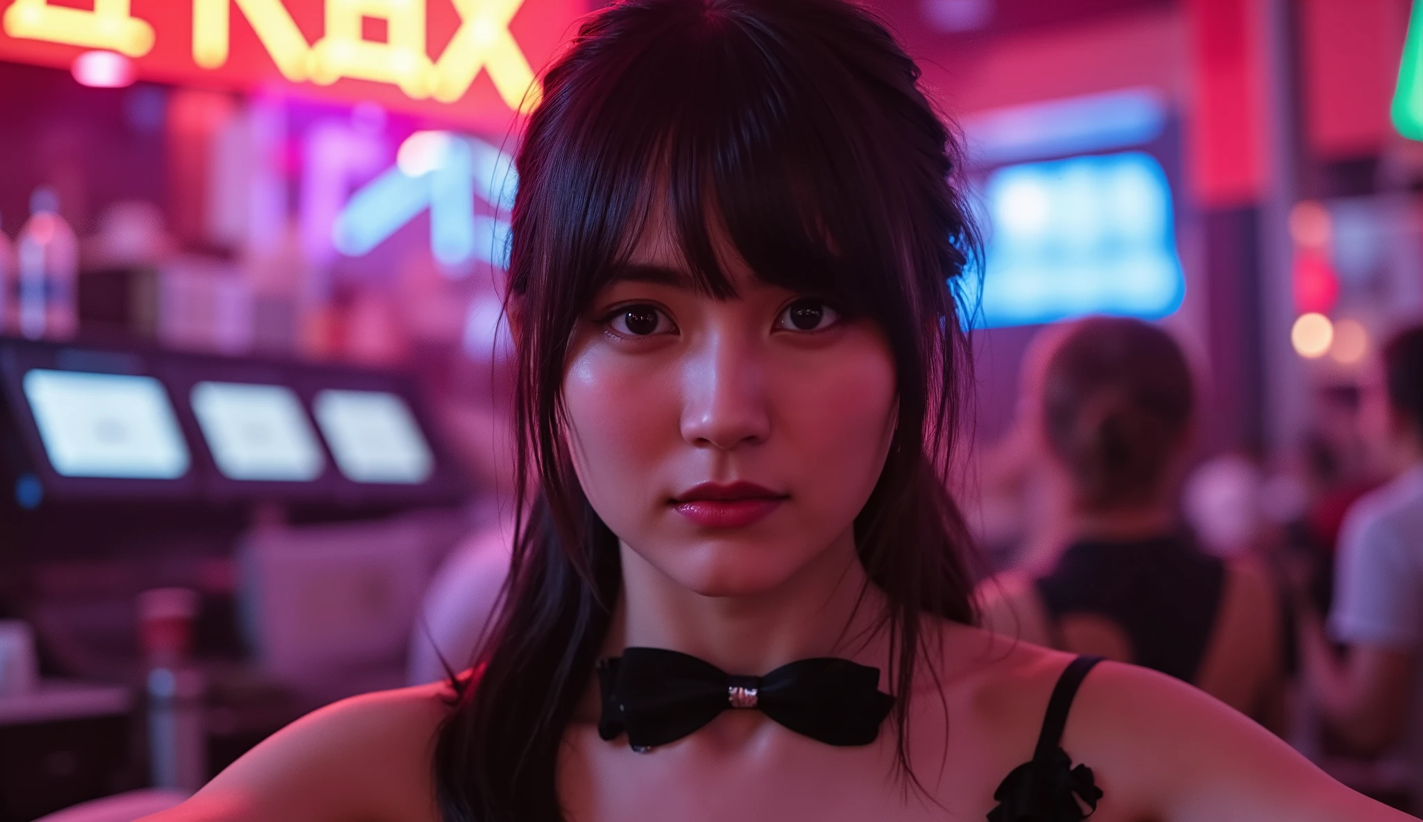 Genuine, rating_Safe, high res images , masterpiece, 最high quality , high quality , very well detailed, More Information, sharp detail, Looking at the front、 Professional Writing , alone, 1 girl on break day, Young Japanese Woman, neon light in a dim bar,Little Sana Head, small face, beautiful detailed face, (Naked, full frontal :1.2), Big Breasts( image of a woman guiding a sex shop and turning her bunny girl suit upside down , color, bow tie, black heart-shaped nipple paste and tassels, Beach Sandals , reverse arm sleeve gloves , cuffs, knee-high boots:1.2), front view, viewers, perfect hand in h, perfect anatomy, (( nightclub、 from behind ))、( Curvy body), Bar Counter、(( Sit down ))、(( In night club ))、((in a dark bar))、(( oily skin , skin radiance))、 upper body close-up 、 Ass、 underbust 、 headband 、 short hair、 Wave Hair、 ponytail hair 、 twin tail hair、Chinese bun hair 、 茶colorの髪、 Silver Hair、 very short haired、