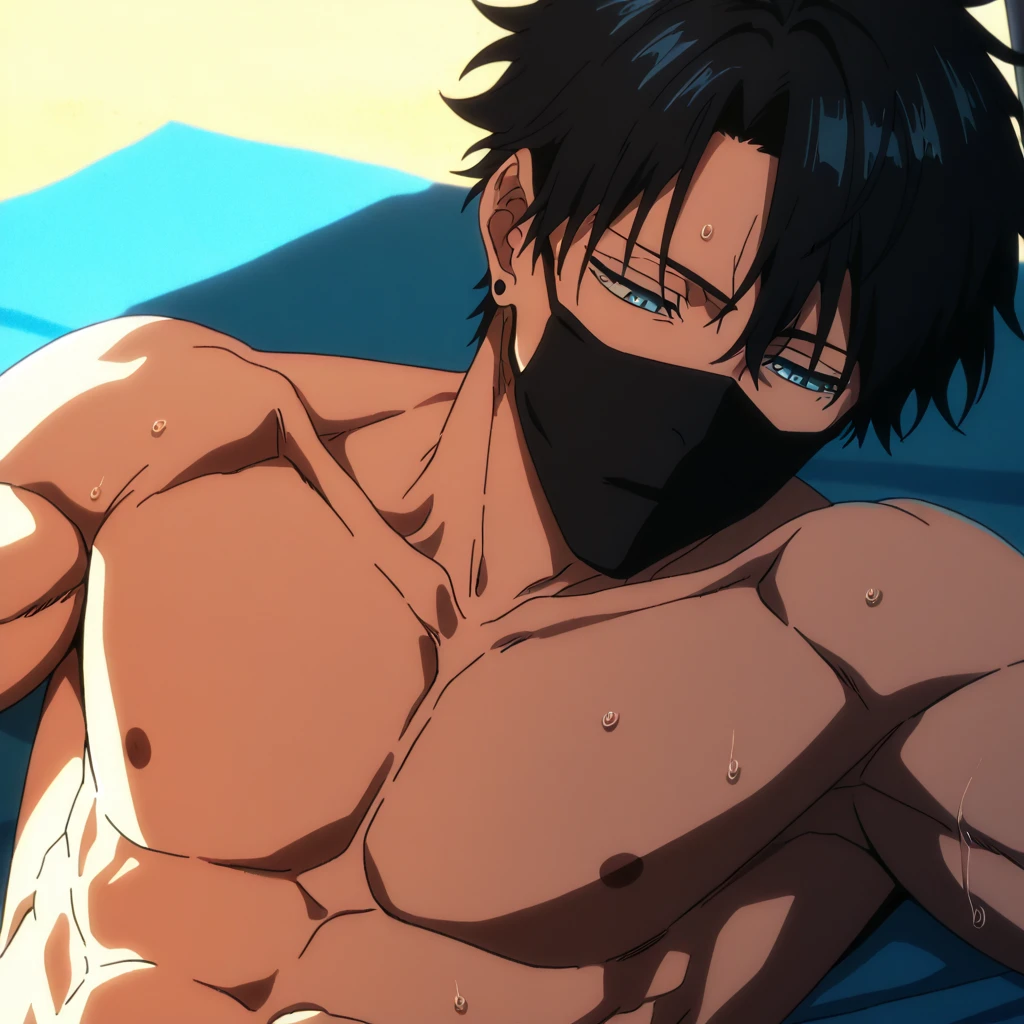 Create a completely naked guy with his face covered by bandages with straight and muscular black hair with tattoos on his chest lying down and sweaty
