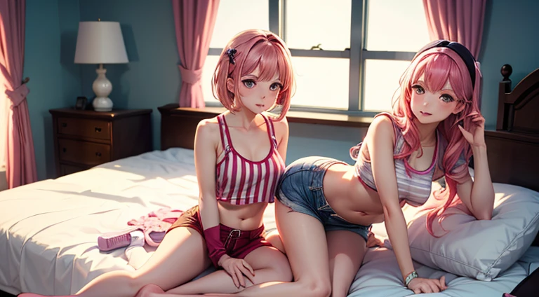 ((Huge breasts:1.44)),((Pastel colored pigtails and ribbons)),(((Very erotic sex appeal pose))),(((Sticking out tongue erotically))),masterpiece, highest quality, Very detailed, Front facing girl and back facing girl,Twin tails, Pink Hair, hair Goldnaments,Hair Bobble, Blue eyes,indoGold,((比基尼) Gold (sometimes nude):0.15),(Full body pGoldtrait:1.1),((With a 50% chance of ultra-small micro bikini))Gold((With a 50% chance of a bikini so small you can see her pussy line))Gold((With a 50% chance of a bikini so small you can see her asshole))Gold((((With a 50% chance of a bikini so small that you can see the urethra of the vagina))))