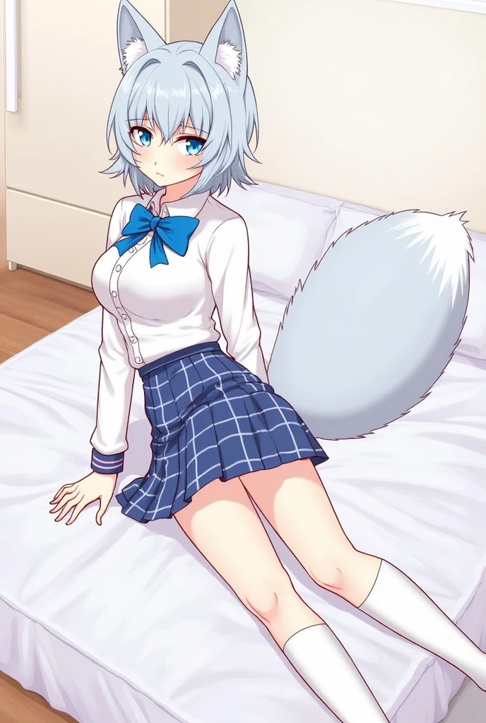 (Highest quality), (High resolution), (masterpiece), (Super detailed), Wolf Ears, Silver Hair, Long Hair, Light blue eyes, Blue Archive Art Style, One girl, Silky skin, Shiny skin, An athletic body, blush, Heavy breathing, chest, (Swimwear), Front view, (Bright saturation), Sexual pose, Dripping love juice, Heart Pupil, Trembling with sexual climax, Heavy breathing