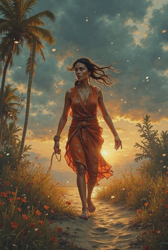 alone in the universe, in watercolor style, Photorealism, discreet golden and ruby and mint shades, (nude) gentle modest thin girl 16 years old (with a very beautiful exquisite face) southern type with short dark hair with beautiful breasts with tender nipples (barefoot) in a long orange skirt walking in the distance (Across the desert), stunted little plants, drought, precious jewelry on the neck and chest and on the wrists, precious bracelets, ankle bracelets, ((vintage brown clay jug with wine))
