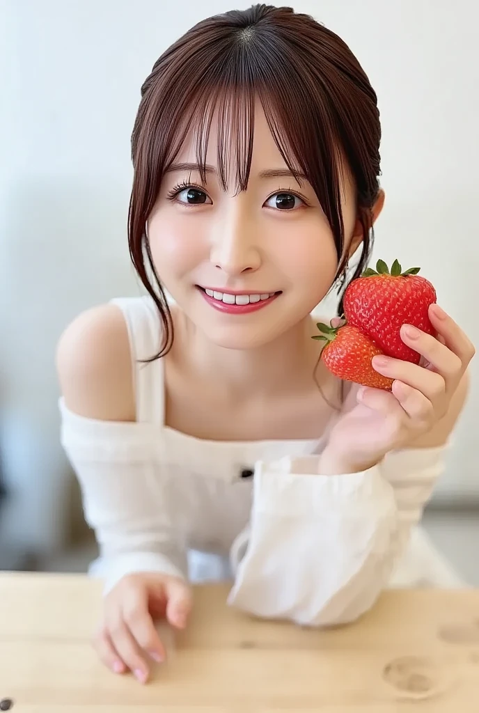Best image quality (8k, High resolution, masterpiece: 1.2), Very detailed, Random Hairstyles, 26-year-old woman,
Extraordinary beautiful girl、Cute and beautiful face details、(Dealing with the Children_v1:0.008)、
score_9, score_8_upper, score_7_upper,
situation: Received training from an experienced producer、Skill-honing scenes。
A single strawberry
,Active stop temporarily ,
On her side、The thunder danced。
Focus on the upper waist
, Random cute poses ,Big eyes ,Puffy eyes , Heart pupil, blush , Big shy smile , salute