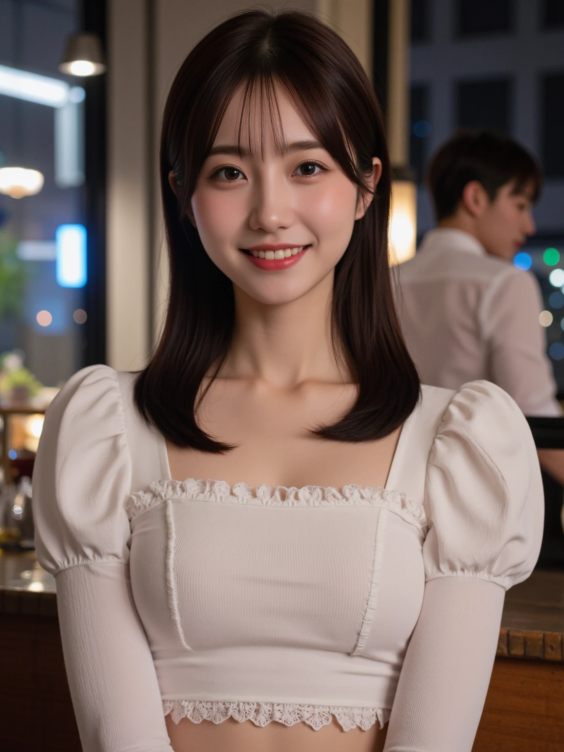 ((Best Quality, 8K, Masterpiece: 1.3)), Sharp Focus: 1.2, A Beautiful Woman with Perfect Figure: 1.4, Slim Abs: 1.2, (Layered Hairstyle,: 1.2)), (Wet White Button Long Shirt: 1.3), Rain: 1.3, Street: 1.2, Wet Body: 1.1, Highly Detailed Face and Skin Texture, Detailed Eyes, Double Eyelids, Big Breasts, Smile,