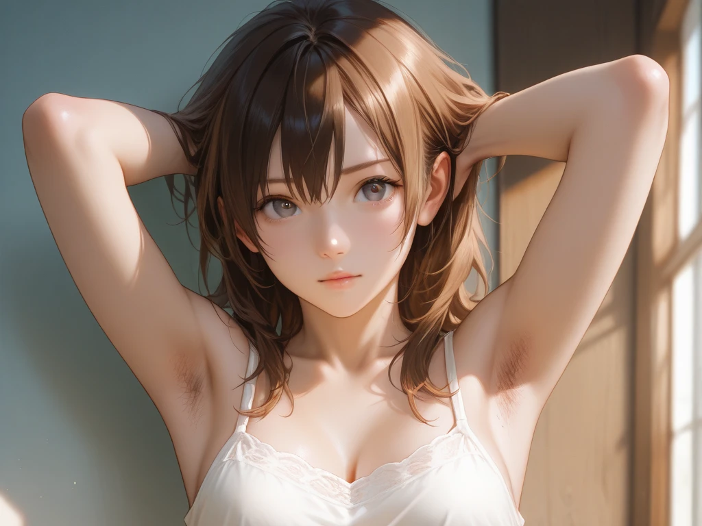 (Very detailed,masterpiece, highest quality:1.2), (High resolution, 8k RAW photo, Realistic, Clear focus), (Natural light, Fabric Shading), throw, Mature Woman, 28 years old, (Mature Woman:1.5), ((topless:1.8,Nipples,Side Ponytail,secretary)),sexy, lay hands on others'cheek, smile, Light brown hair, Medium Long Hair, Hair above one eye, Asymmetrical Hair, Half Up Hair, Wavy Hair, Brown eyes, sit,Beautiful Eyes,fine grain,Detailed face,office, Written boundary depth, Bokeh, (Correct Anatomy, ideal body shape), (((I can see your pants))),White panties are visible,