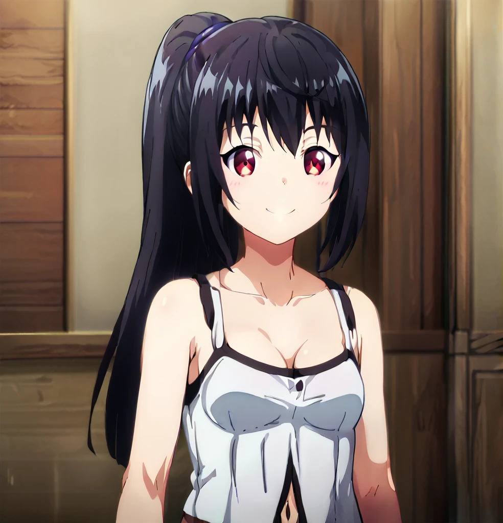 masterpiece, (((best quality))), high resolution, anime art style, shizuku, ((black hair tied in high ponytail)), (red eyes), detailed face, closed smile, (((big breasts))), (((bikini carmesi))), playing on the beach, navel uncovered, chest in sight, legs in the sand, (((full sensual body))), sensual body curves, ((pale skin))