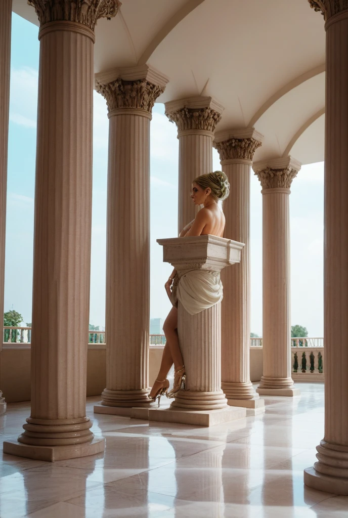 nude woman posing in front of a stone building in a park, exhibant au naturel, naturist, full frontal portrait, inspired by Piero di Cosimo, inspired by Paul Delvaux, inspired by Cindy Sherman, ancient ruins behind her, posing au naturel, calude monet style, elke, vulvina queen of ecstasy