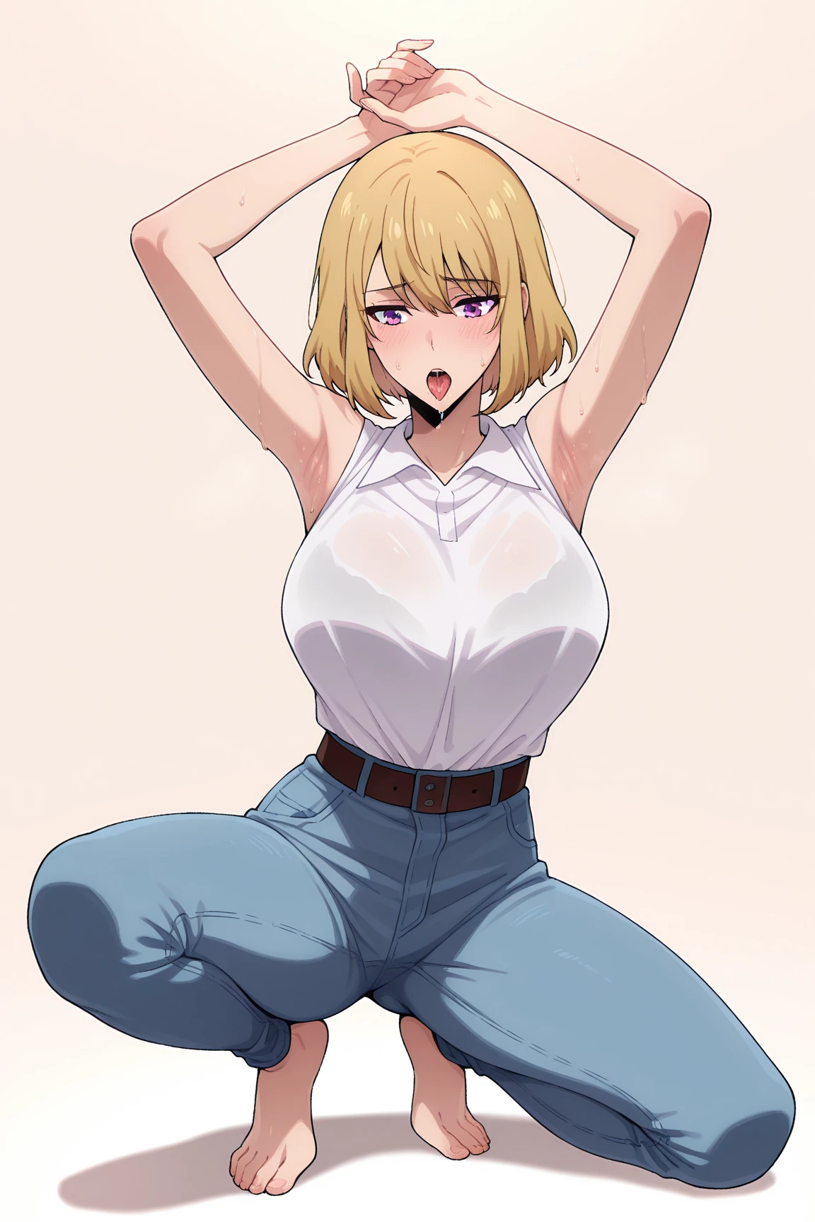 hana midorikawa, brown eyes, blonde hair, bang, blunt bangs, BREAK, absurdres, (intricate details), (colorful), hands cuffed, chained arms front, armpits, 1girl, heavy breathing, cold face, snobby face, disgusted expression, bitchy, Beautiful body, navel, narrow waist, big breasts, black highleg thong, g-string, white mini tank top, underboobs, crop top, standing, random pose, Shiny Skin, looking at viewer, mature female, thick, milf, closed mouth, prison, dark place, brick wall, (masterpiece, best quality),