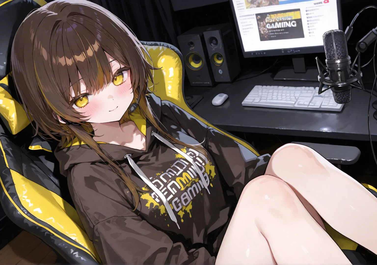 japanese girl, solo, 19, gaming on her pc, wearing pretty yellow top with black shorts, sitting in gaming chair with white headphones, has PS4 controller in her hands, it is night time