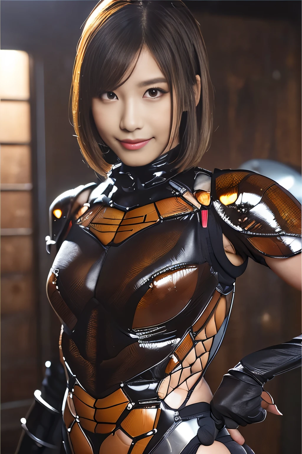 (high resolution,masterpiece,best quality,extremely detailed CG, anime, official art:1.4), realistic, photo, amazing fine details, all intricate, gloss and shiny,awesome many layers, 8k wall paper, 3d, sketch, kawaii, illustration,( solo:1.4), perfect female proportion,villainess, (fusion of dark brown cockroach and lady:1.4), (brown cockroach form lady:1.2), (brown cockroach lady:1.2), (fusion:1.2), (solo:1.4), (evil smile:1.2), muscular, abs, (cockroach brown exoskeleton bio insect suit:1.4), (cockroach brown exoskeleton bio insect armor:1.2), (brown transparency cockroach wing:1.4), (brown cockroach antennae:1.3),