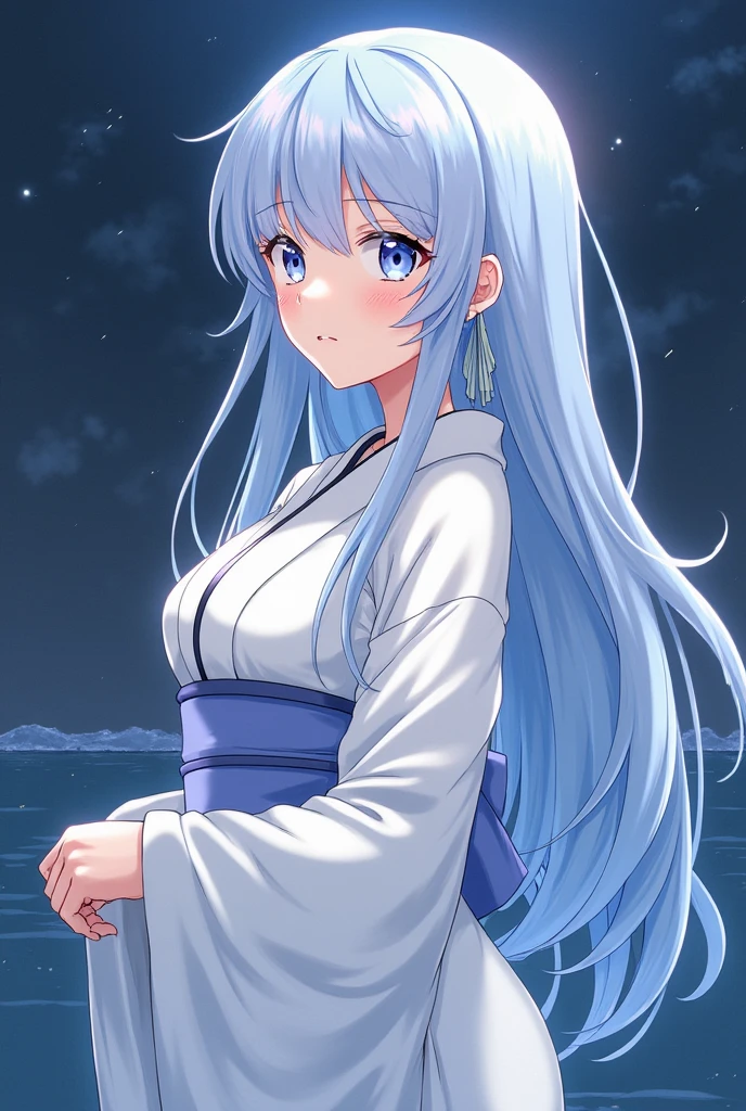 Best Quality, masterpiece, High resolution,, 1 girl, detailed face, (Upper part of the body:1.6), Cyber cities, mountains and rivers, evening, firefly lights, Rich in details, (Hanfu blanco:1.2), (beautiful body:1.4), purple hair, heterochromia, Metallic blue bangs, old, Whole body,
