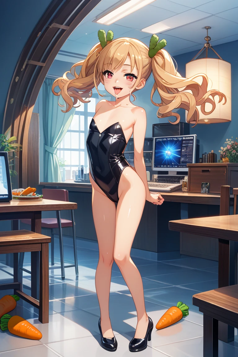 ((4k、8k、top-quality、perfect fingers: 1.3、perfect anatomia: 1.3、Background blur))、(Transformation Sequence)、((a beautiful slender girl、Two side up straight long hair、 girl、Small breasts))、((butler uniform leotard、long-sleeve、gorgeously decorated headband))、(highleg)、Shy laughter、Standing、whole body display、Inside the aristocratic hall、