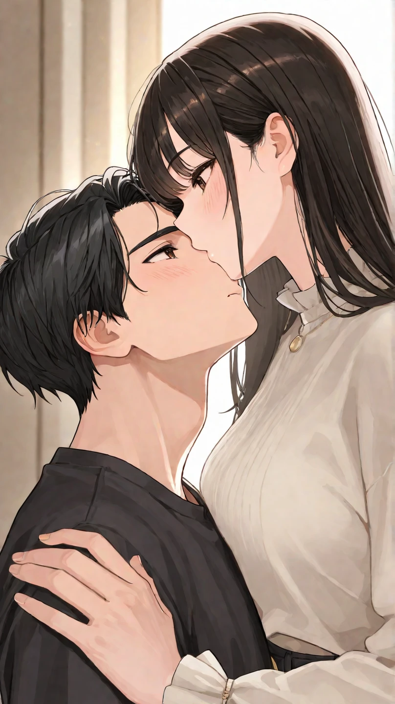 8k realistic image,uma jovem de 20 anos,dressed in black medieval clothes, uniforme de fully body ((fully body)). at a forest, kissing someone, hot moments, face perfect, flushed lips, dark haired ((photo realist)) amber eyes