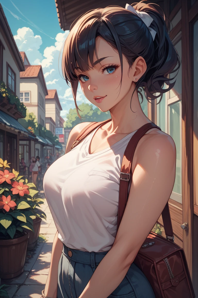 (highest quality, 4K, masterpiece :1.3), Beautiful woman, 1 girl, slim, (midium breast:1), (chest, Attractive body :1.2), Cowboy Shot, JK:1.1, brown hair: 1.1, bob cut, , Highly detailed face, Lip details, Fine Eyes, double eyelid, park, day, (tan skin:0.7) , white t-shirt, loose fit, jeans shorts, , hairpin, pendant