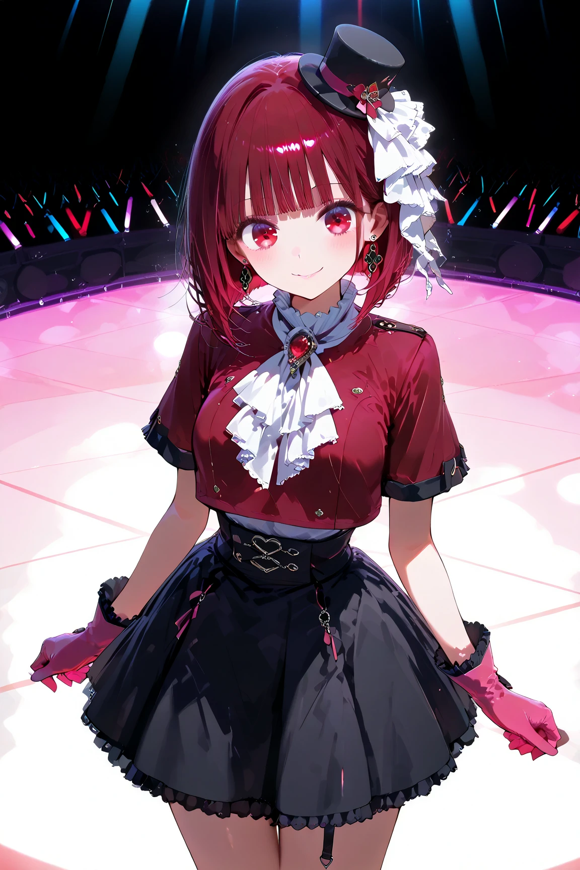 masterpiece, best quality, highres, ichinose shiki, idolmaster, long hair, two side up, hair bow, ahoge, medium breasts, earrings, bare shoulders, frills, red dress, elbow gloves, black gloves, <lora:ichinose_shiki_v1:0.7>,
holding microphone, stage, smile, standing, cowboy shot, floating hair, thighs, large breasts, looking at viewer, pink stage lights, (:3:1.3),