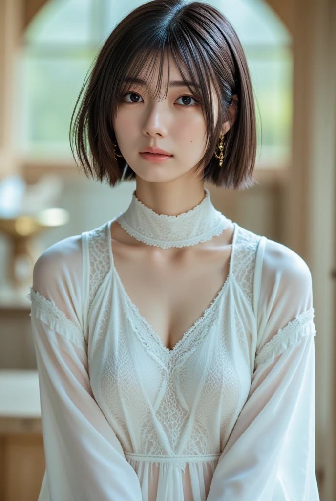 (古城のベンチにsitting女の子),bright look、young shiny glossy white shiny skin、Best Look Rondo Reflective Light、(shiny bright golden white hair,)、Shining beautiful bangs、輝くクリスタルクリアな魅力的な大きな青いeye、A very beautiful and lovely cute 16 year old girl,緻密で美しいeye, beautifully detailed nose,(( whole body:1.5)),eye元を強調するメイク、,(A woman like Joan of Arc)、royal style,comic style, , Scattered under the surface, gorgeous details, nature background, super huge breasts, ((cinematic)), dramatic lighting, table top、((Transparent off-shoulder white shirt dress:1.4))、(Loosen perm:1.4)、1 girl、((bob hair:1.3))、Ultra realistic 8k CG, 絵に描いたようなperfection顔, perfection, clean, table top, professional artwork, famous works, perfection顔, beautiful face, 美しいeye, ((perfection女性の体)), alone,(An immersive atmosphere, chiaroscuro:1.5,bright light:1.2,bright lighting),(blush:0.5),attractive appearance,very detailed_eye,thick thighs,big,Beautiful and detailed background,Depth of written boundary,realistic:1.3, long shot,sitting, whole body, (ambient light:1.3),(cinematic composition:1.3),(neon light:0.1),(nffsw:0.1),accent lighting, pantyhose,(Old European castles are hazy in the background),(You can see the white lace panties)