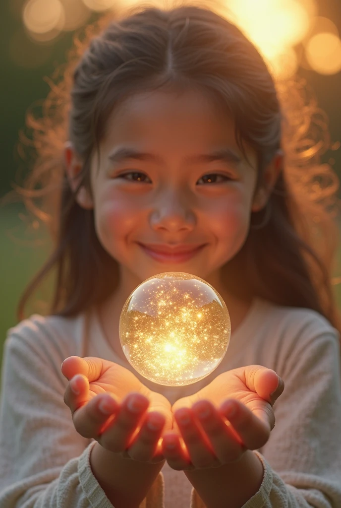 a close-up of a blonde child with long hair, BIG BALL OF electrified ICE IN HANDS.