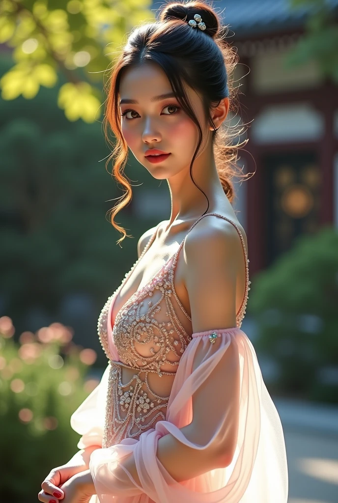 Holding a large see-through stole with pale pink floral pattern with both hands、Swaying in the wind。bright colour、shackle、Halter Neck Bodysuit Draped Dress、garterbelts、Upper eye、light-colored skin and loose navel skin,。Skirt flutters in the wind and spreads。Dynamic Posing。Dancing Poses。
Loose clothing shows shoulders。Very beautiful girl at 19 years old。
Hair swaying in the wind。 masutepiece、Best Photoreal、portlate、Sheer clothing、wetted skin、Wet hair、Sexy look、Functional、Bewitching、Clothes with an open back、Oblique composition、Waterfall in the forest、Big hair ornament、Medium chest、Navel Ejection、Shiny knee-high socks、Bold open chest clothes、、hair adornments、