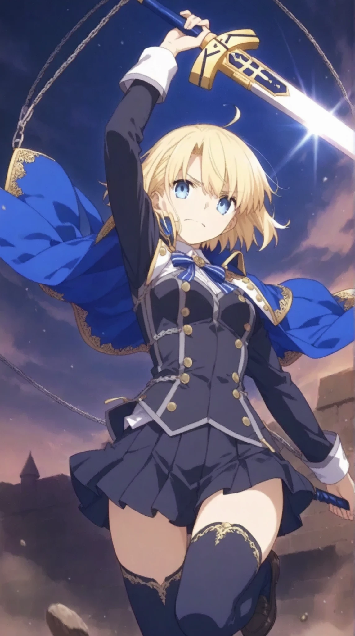((anime style:1.aber wielding the Seiken Excalibur Altria Fate swing up a super dynamic sword that shines