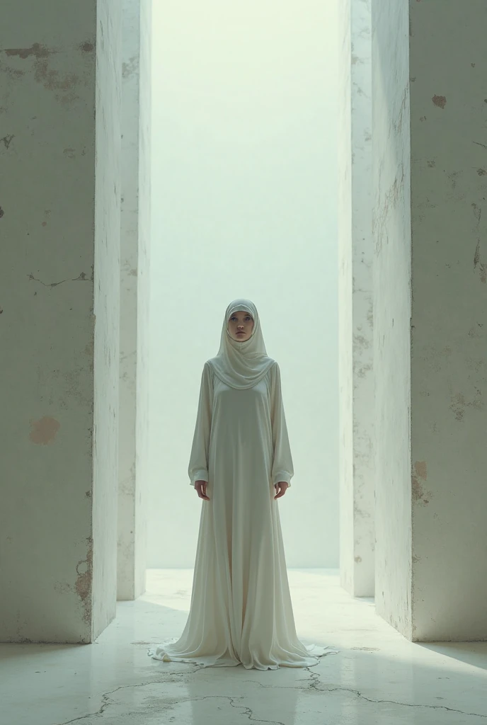 A white nun ghost standing infront of greenscreen