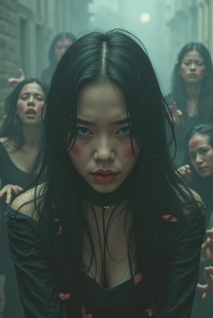 (32K:1.9, Horror expression:1.9, Highest quality, masterpiece, Ultra-high resolution), Perfect dynamic composition, Highly detailed skin and facial textures:1.3, Detailed eyes, Detailed limbs, (The Darkest Dungeon:1.3), Light brown leather clothing:1.6, Cute sexy slim Japanese woman:1.2, Fair skin, Tilt your head, (5 Zombies:1.8, Crazy behavior:1.7, Zombie touching a woman:1.9, Raindrops falling from the ceiling:1.5), (Her big breasts are about to burst., areola is not visible, Big cleavage), (A look of despair:1.3, Expression of despair:1.3, Totally captivates you), Beautiful Blue Eyes, Beautiful erotic eyes, Sexy Face, blush, Beautiful sensual atmosphere, Professional random camera work, ((Bloody:1.9, Covered in scars:1.9, Bruises on the face:1.9, Covered in bruises:1.9, Lots of big chains:1.8, Countless chains tangled in clothes:1.8, Chain your right arm:1.8, Chain the left arm:1.8, The right leg is bound with a shackle and chain:1.8, The left leg is bound with a shackle and chain:1.8)), ((Endless chains invade:1.8)), (Too erotic)