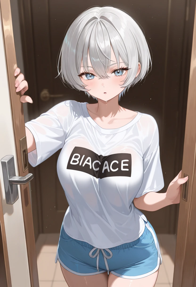 girl、silver hair、short hair、Buka buka button shirt、shorts