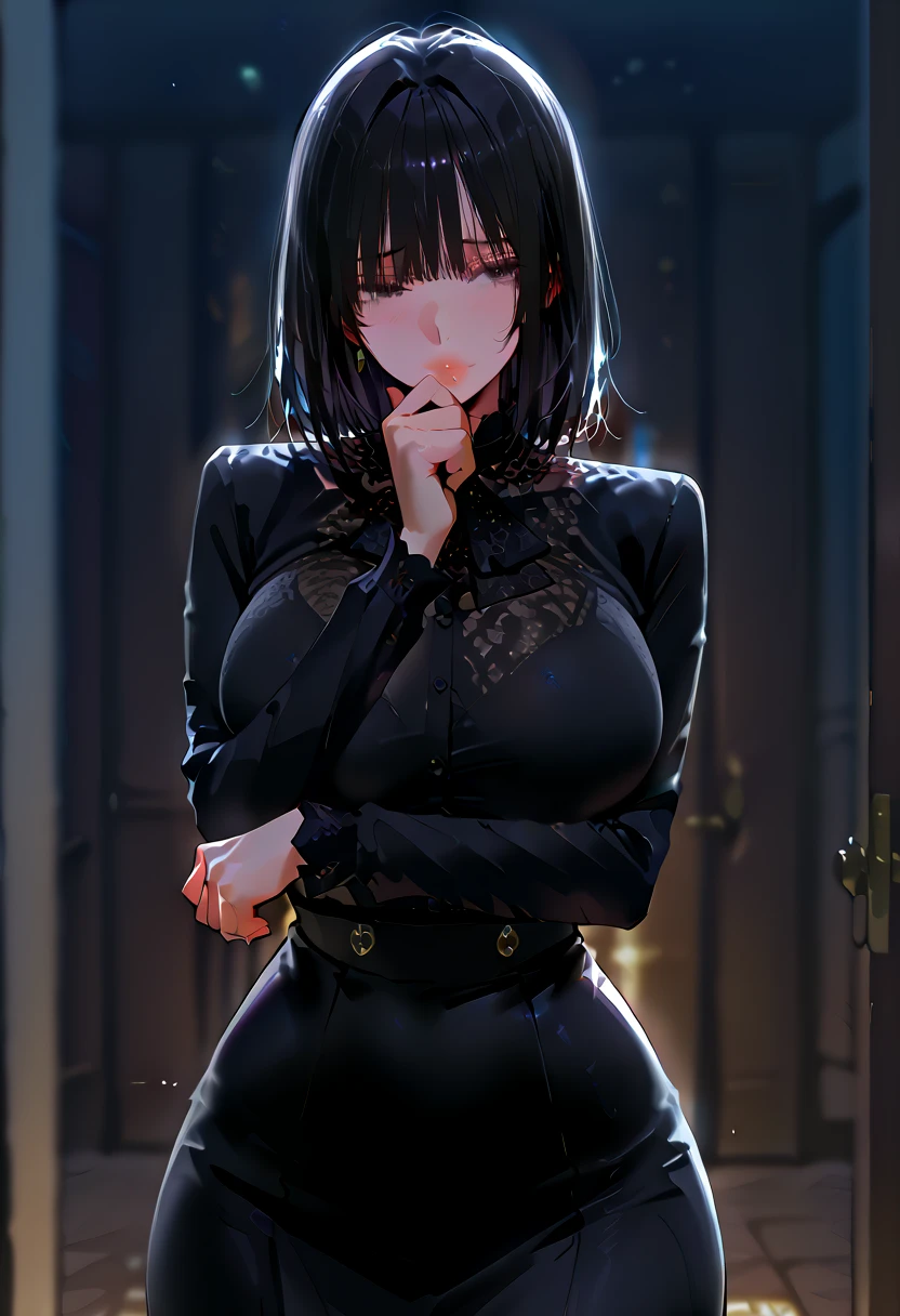 {lady with shoulder-length black hair named Rico}, business suits,tall,''short hair,lovestruck,grossy lips, (It feels like saying Hello, daytime hours), indoor,{going out style}, ((Heart-shaped choker) ), (office room), Bright background,purple eyes, Mole under the eye, Heart-shaped choker, ((Masterpiece)), Highly detailed CG Unity 8k wallpaper), Top quality,, Detailed background, beautifully detailed eyes, heart shaped pupils,hollow eyes, looking at viewer,(very delicate and beautiful)), ((beautiful) eyes (detailed description),extra large breasts, browse,shirts,black vest,floating heart,sadistic smile,growing eyes,try to show me breasts and lingerie,black lace,shirts,earring,from above,tight skirt,thighhigh,put hands on mouth,glowing eyes