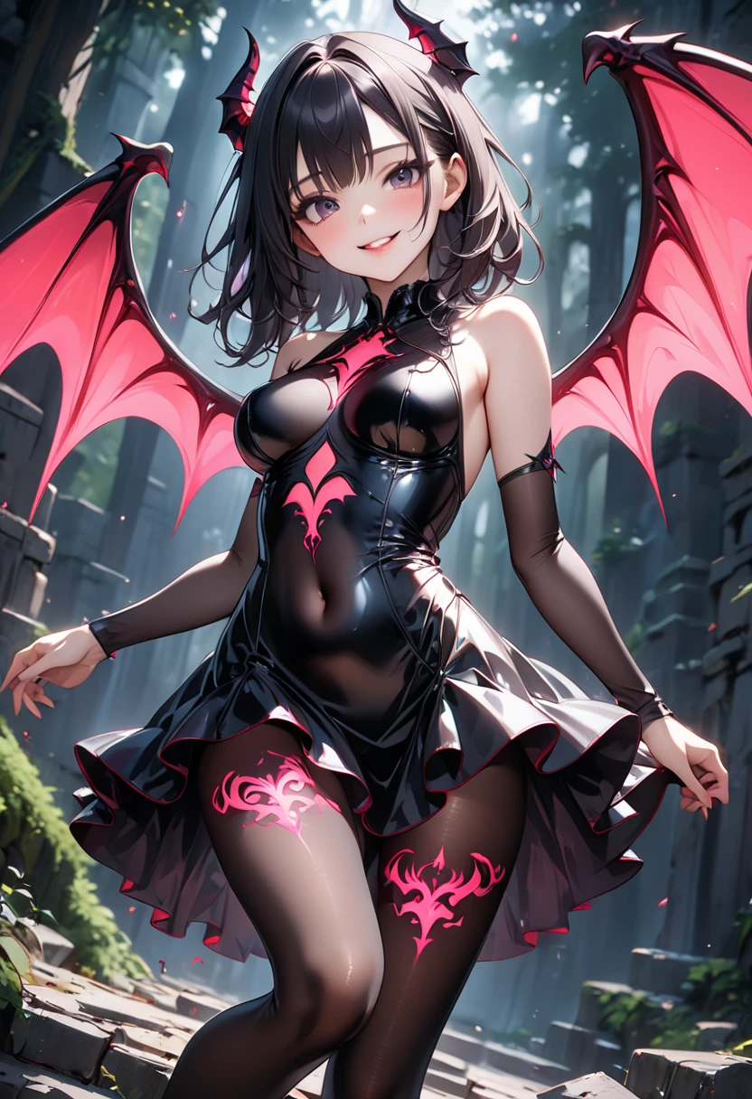 ((Sexy little devil costume, Devil wings, devil tail, skirt, pantyhose, corset costume)), skinny, solo, 1 woman, Masterpiece, highest quality, highest quality, 16K, incredibly absurd, highly detailed, 2.5D, ai-generated, delicate and dynamic, very delicate facial expressions, delicate eye depiction, erotic, only sexy woman, ((A cute and kind face)), healthy figure, ((25-year-old woman)), 160cm tall, medium firm swaying bust,, blush, Sweat,Embarrassed,sexy, ((thin thighs)), (camel toe:0.5), (visible nipples:0.8), (Erect nipples,:0.5), shiny and lustrous, facing straight at viewer, smile, ((Oily_skin)), dutch angle, ((erotic pose)), Dynamic poses,On the bright cobblestones,