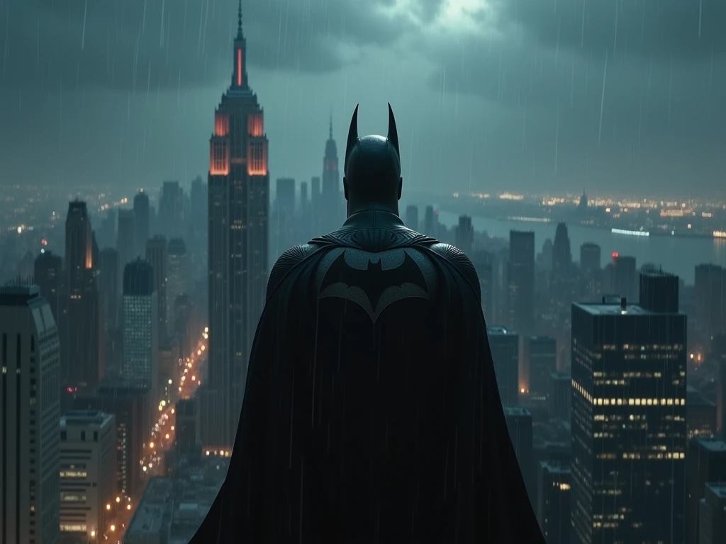 Batman just chilling on top of the building listening to music while it's raining. In the background we see city skyline