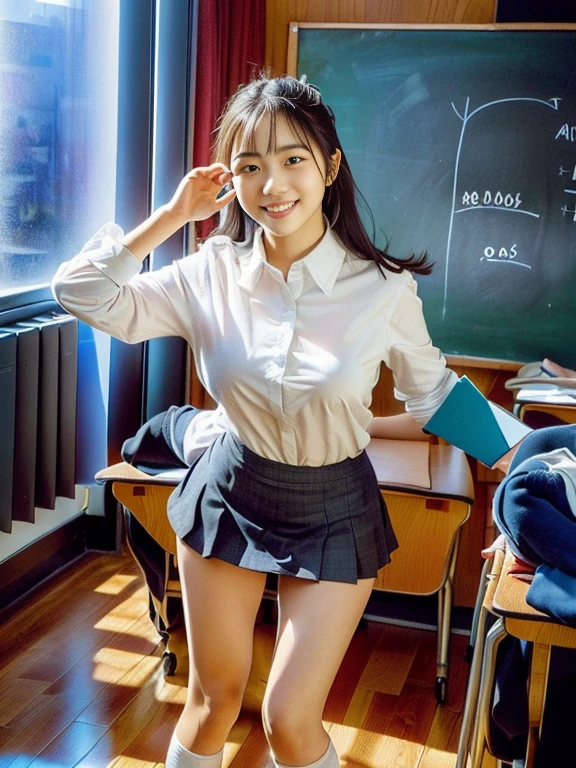Photo Real、photoRealstic A dark-haired、Straight hair、shorth hair、Very short hair with round face、drooing eyes、Laugh so hard that you can't see it、Open mouth and laugh out loud、Narrow-eyed、no-makeup、Suppin hi-school girl、sixteen years old、skinny body、muscular body、Soft thighs、large full breasts、vaginal、clit、Female genitals、japanes、full body Esbian、Flexible body 校服、White shirt、Navy blue ribbon、Navy blue skirt、Very short skirt、The whole body gets wet with sweat Legs open pose、Pose like a gymnast、One leg standing pose、Poses that express the softness of the body、One leg above the head、Stretch your knees、Show off your crotch、Exposed crotch、Have fun、Very smiling Background with、Classroom、window、chalk board