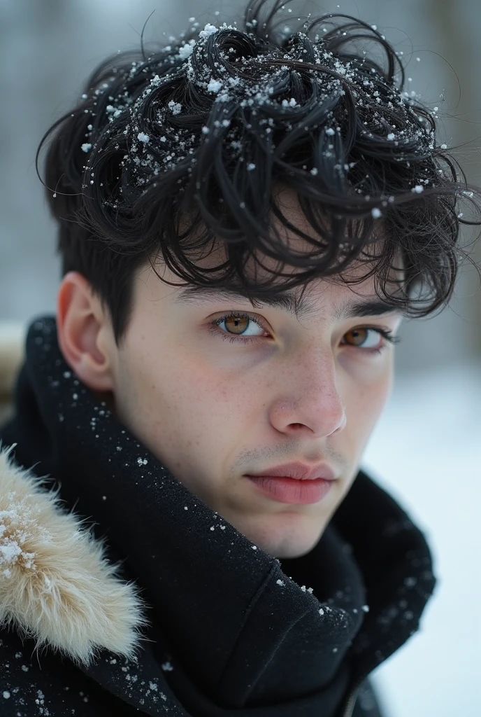 Men, portrait, black short hair, hair chest, winter