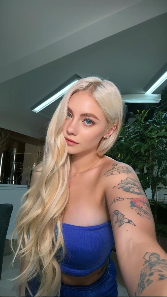 italiana from 17 years old, white blonde ,angelic and tender face , Long straight hair and thick waves Blonde with light roots , in the bedroom, badass clothings ,(( foto realisitic), ((normal breasts )),((rosto angelical)),((foto entera de cuerpo with badass clothing ),((hair blonde com raiz )), ((badass clothing) hair blonde ,clear blue eyes , complete body ,realisitic, a very elegant, of heavenly roots, hair blonde, badass clothing , white undershirt, from 17 years old. With a tattoo,Smiling