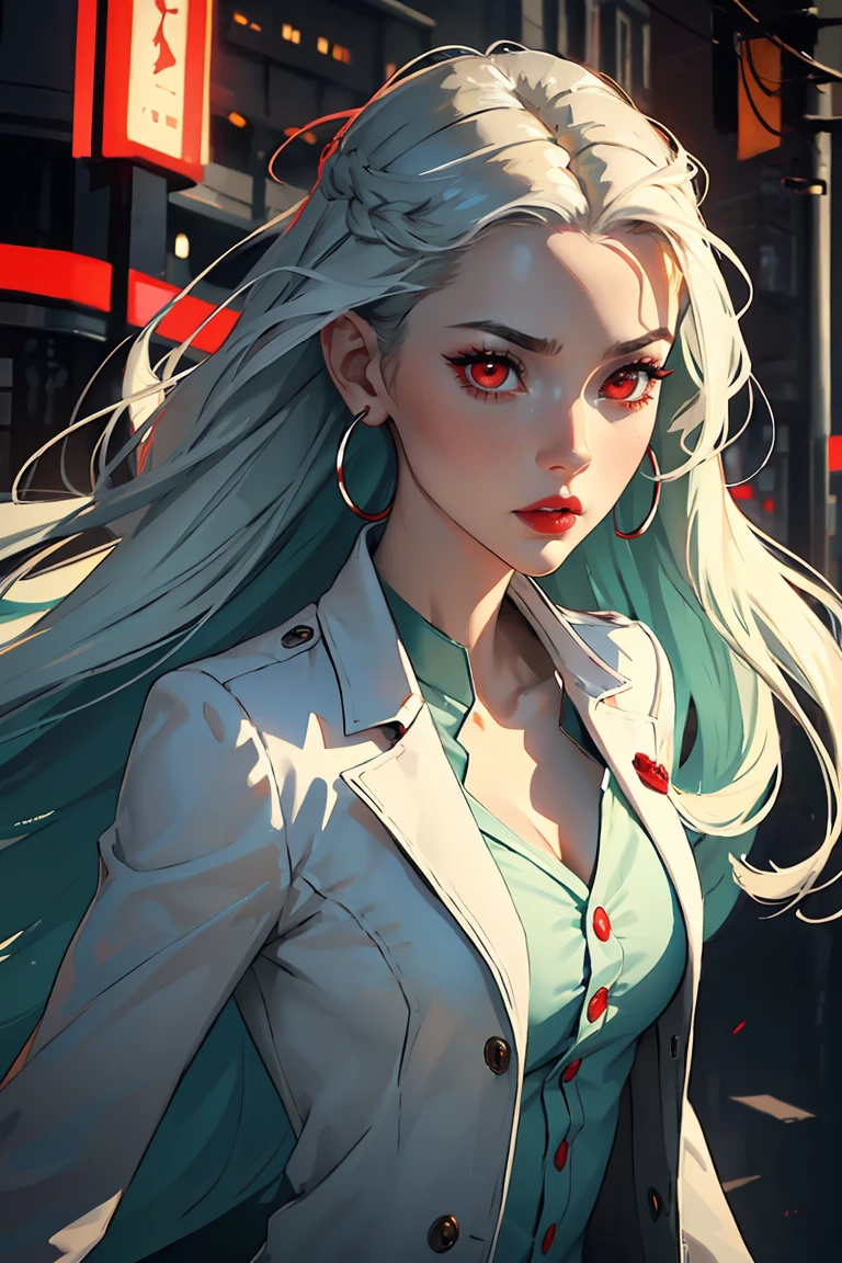(masterpiece:1.3), (8k, photorealistic, RAW photo, best quality: 1.4), (1girl), beautiful face, (realistic face), Nice hairstyle，Realistic Eyes，Nice detail eyes，（Realistic Skin），Beautiful Skin，Ridiculous，attractive，Ultra high Resolution，an ultra realistic，RAWExtremely detailed，golden proportions, Woman wearing business outfit, white formal blazer, white blouse, high waist business skirt, beautiful, masterpiece, best quality, perfect lighting, (white hair:1.4), long hair, (grey eyes:1.2), slender build, thin, medium breasts, business woman, ceo, sitting in luxurious black office chair, giant modern window with view of dusk cyberpunk city skyline in background, torso shot, dusk, (cyberpunk city background:1.3), (Hazy sky:1.2), (Dim red sun:1.3), eyelashes, dark eyeliner, cyberpunk, older, sleek modern-futuristic office