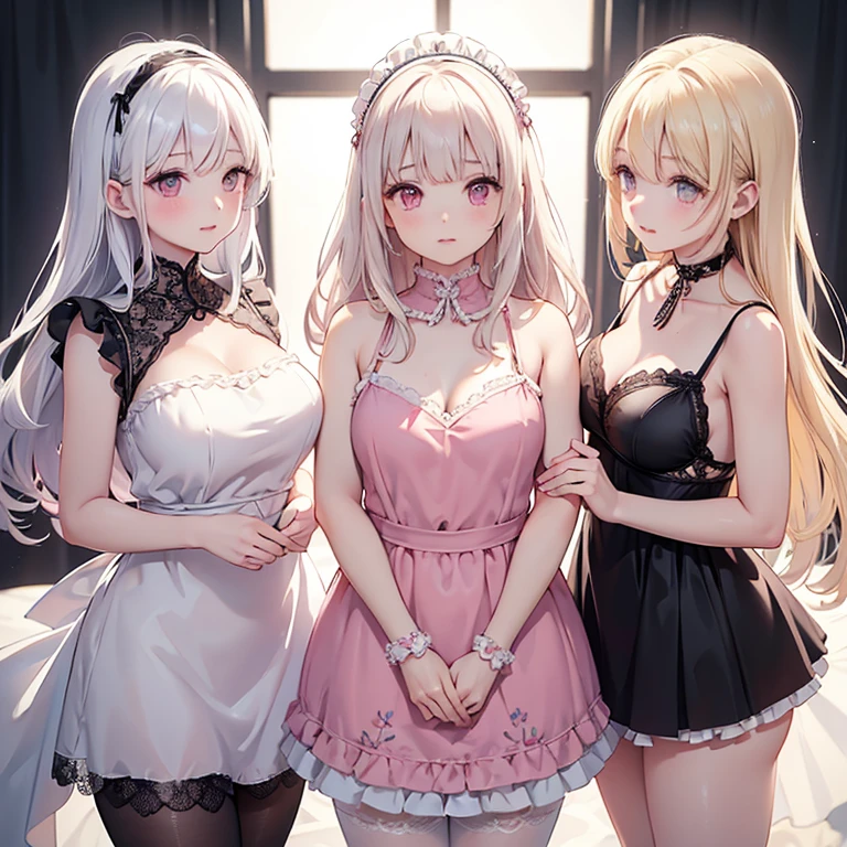 (((((3 girls:1.3)))))、(((forehead、3 girls:1.3、white blond hair:1.3、cowboy shot:1.3、A calm face、long hair、Northern Europe、White、beautiful girl、White Blonde、Blonde、White background、Off-the-shoulder dress:1.3、、cute、Young、True Face、Shiny Hair、whole body)))、table top, highest quality, figure, super detailed, finely, High resolution, 8k wallpaper, Perfect dynamic composition, detailed and beautiful eyes, Deco out,bionde, breasts, Natural color lip,white background, random cute poses,