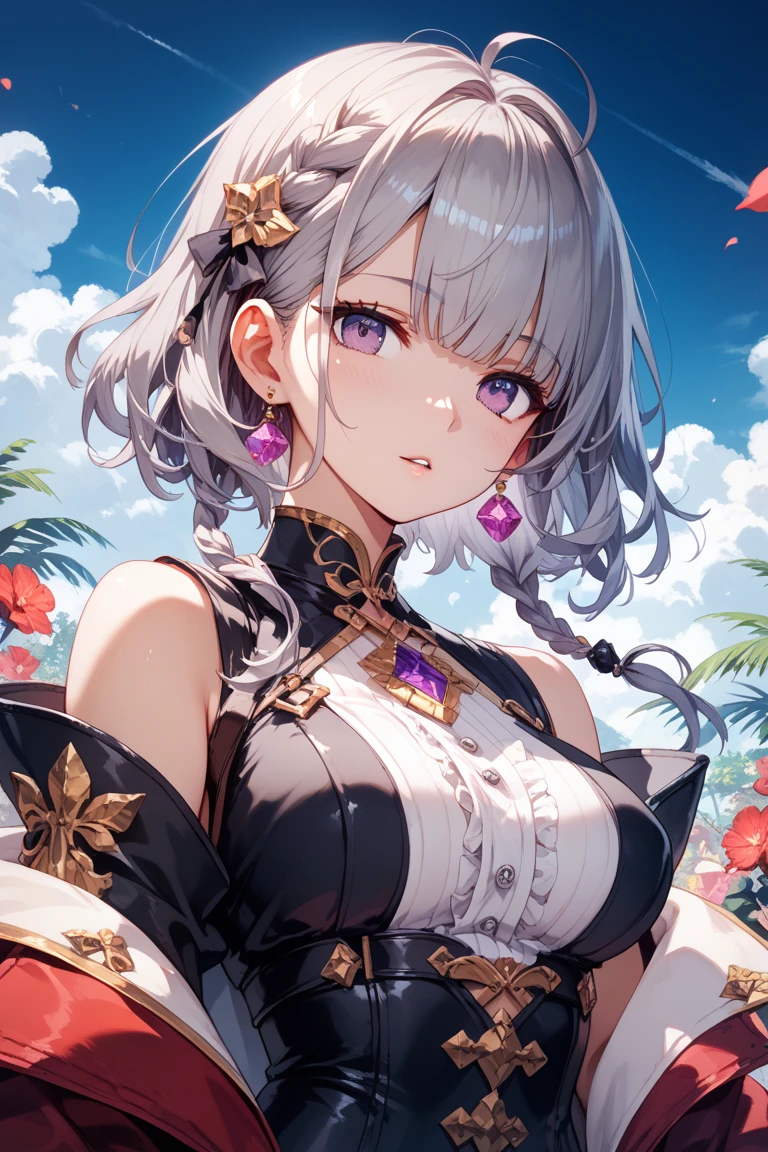 ((Masterpiece, Best quality)), 1girll, Outdoors, beachside
, Purple eyes, Silver-white hair, Very long hair, Large of breast