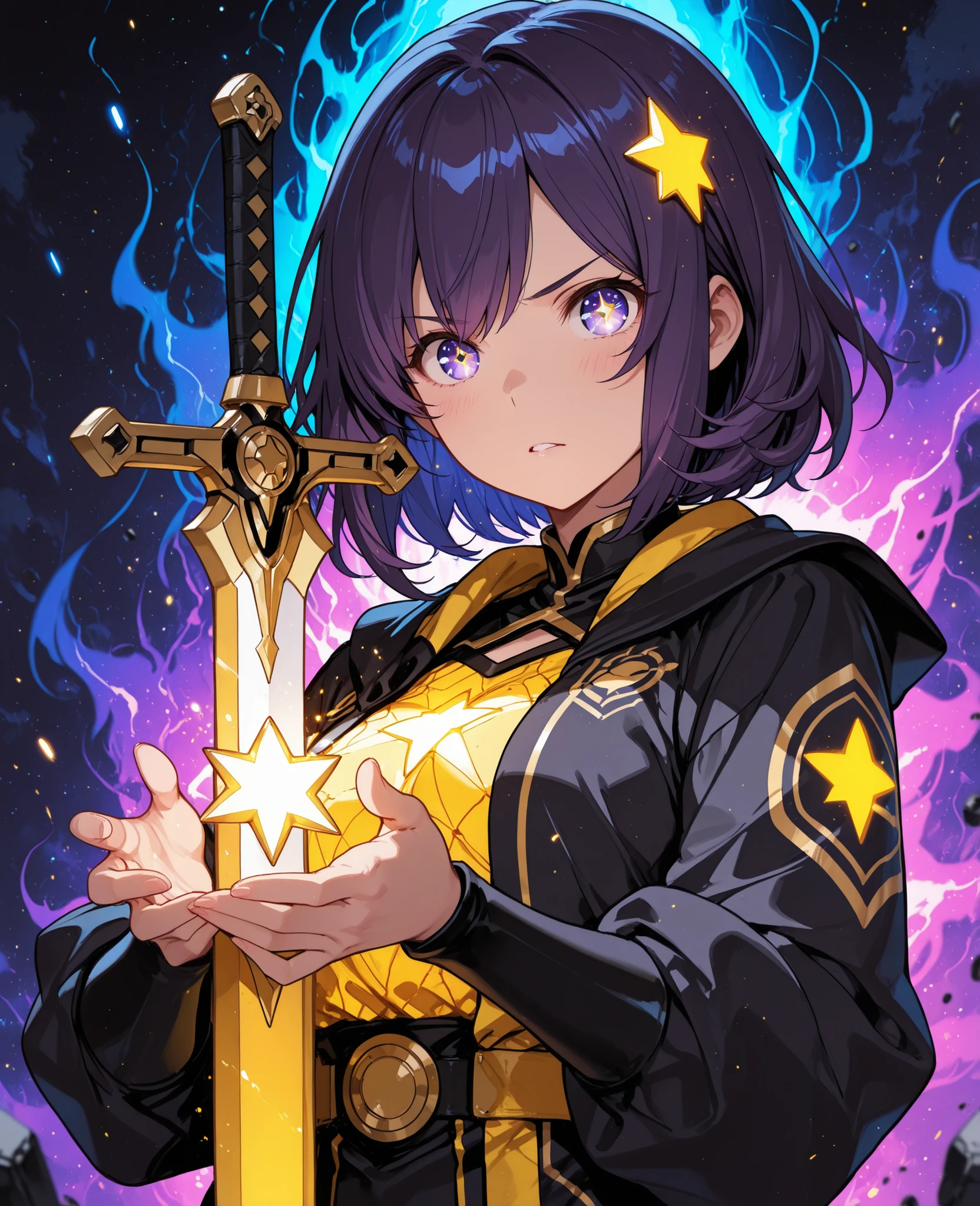 (masterpiece, best quality)
A portrait of a sword that is made out of cosmic fragments, with a glowing star pattern, golden handling, aura coming out of the sword,