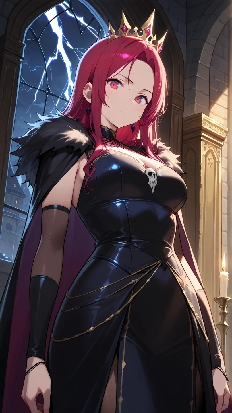 fullbody screencap of female villain. she has long curly red hair and her eyes are hidden by a black blindfold. a purple halo made of ruins above her head. behind her is a fallen castle. Her outfit is that of a high priestess corrupted. her body is adorned with jewels. She has large breasts that spill out of her dress. She smiles at the csmera reveiling fangs.