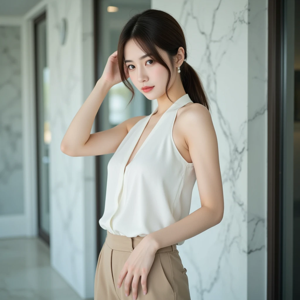 Masterpiece, best picture quality, one beautiful girl, detailed eyes, swollen eyes, brown hair, long hair, fair skin, cute, cute legs, short skirt, Japanese woman, Asian beauty, moonlight, strong eyes, professional lighting, bright lighting, double eyelids, slender, Japanese woman, Asian beauty,