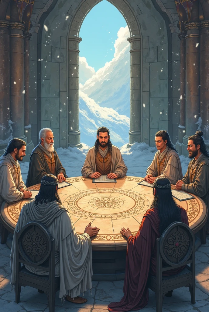 A council of wizards at a roundtable. One is White who is at the head of the table, 2 blue wizards, 1 grey wizard, and 1 brown wizard. They are meeting on top of a white palace in the mountain. Among them is an Elf Lord and the King of the Dwarves.