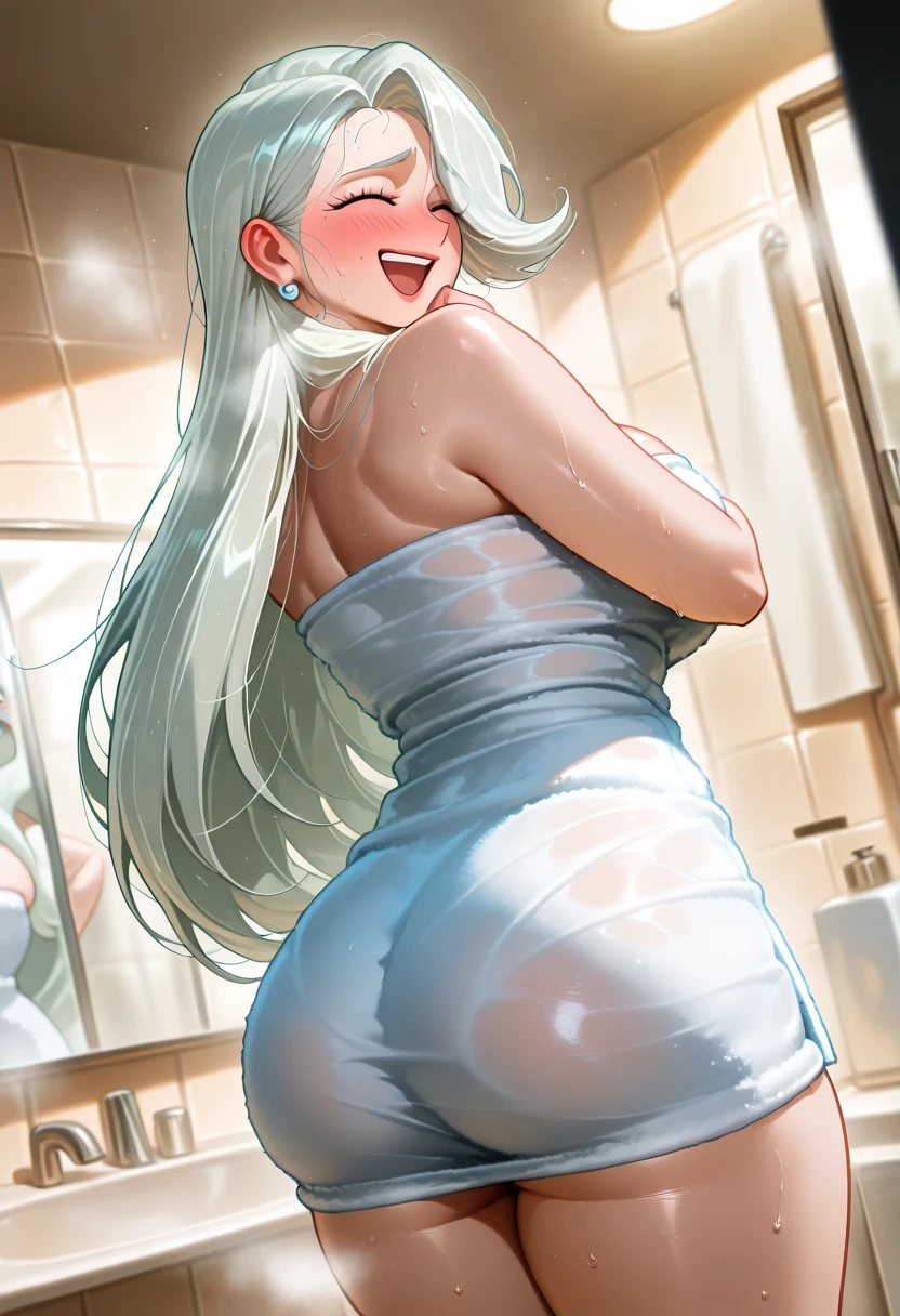 Dark-skinned milf,long white hair,cat ear,in the bathroom,with her pert ass showing her pussy