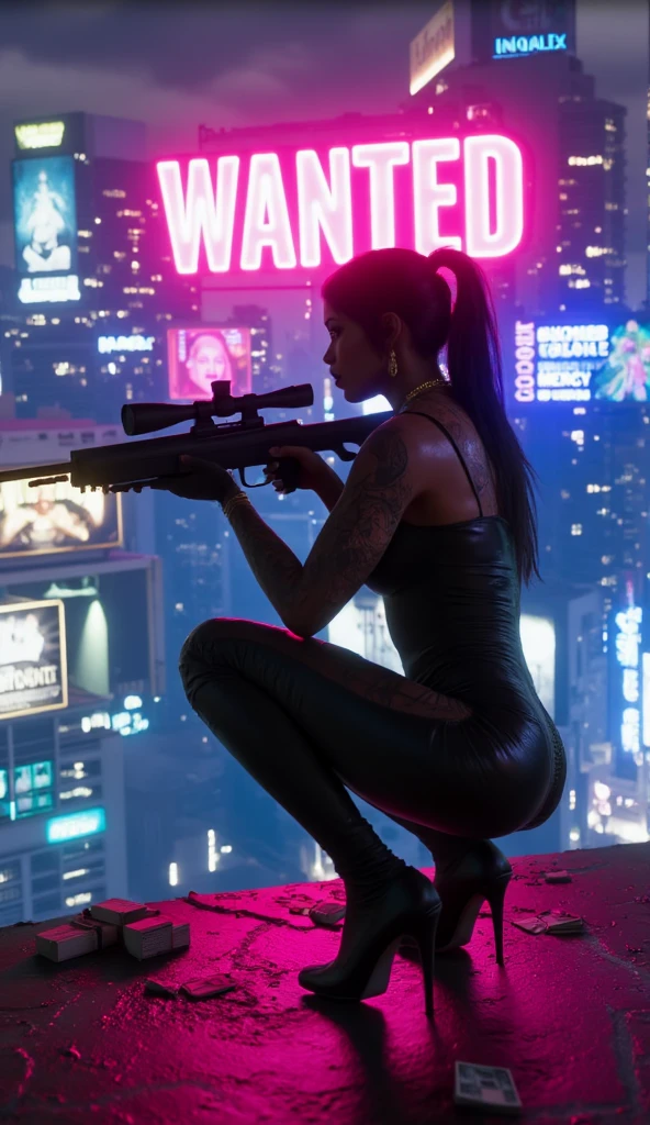 ((Aerial view)), a sprawling city shrouded in darkness, illuminated only by vibrant neon lights that reflect off wet, rain-soaked streets adorned with holographic billboards and towering megacorporate logos. (1girl, solo, alone, photorealistic), large-breast:1.3 very slim body, long:0.4 hair, cleavage:1.1, sexy micro:0.3 laced lingerie with short:0.6 jacket, (pubic hair), (black sunglasses), ((she raised a pistol:1.8 and shot the viewer)), running pose, ((half-body thigh:0.95 level medium shot)), cinematic lighting, lens flare, ray tracing, blurred:0.5 background.