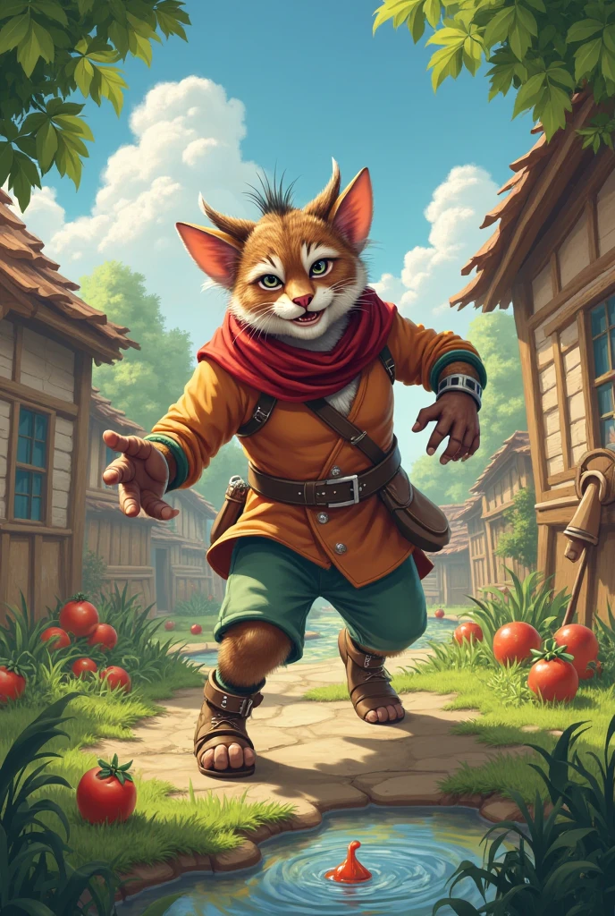 lynx, furry, Golden fur, golden eyes, medieval times, , Laugh, hops through the city, fullbody